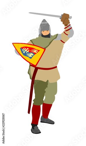 Knight in armor with sword and shield vector illustration isolated. Medieval fighter in battle. Hero keeps castle walls. Armed man defends honor of his family and people. Defend country against enemy.