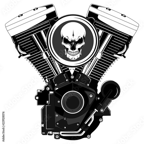 Vector image of a motorcycle engine with a skull.
