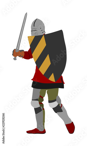 Knight in armor with sword and shield vector illustration isolated. Medieval fighter in battle. Hero keeps castle walls. Armed man defends honor of his family and people. Defend country against enemy.