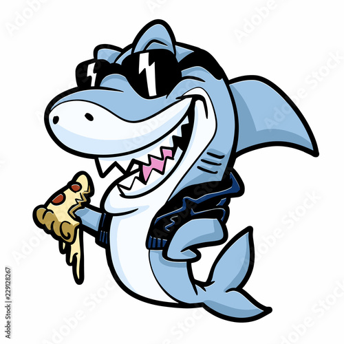 Cool shark eating pizza vector illustration
