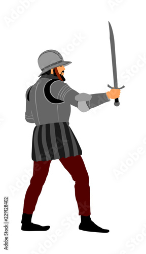 Knight in armor with sword vector illustration isolated on white. Medieval fighter in battle. Hero keeps castle walls. Armed man defends honor of his family and people. Defend country against enemy.