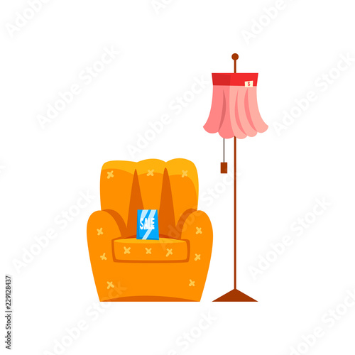 Retro armchair and floor lamp, old unnecessary thing, garage sale vector Illustration on a white background