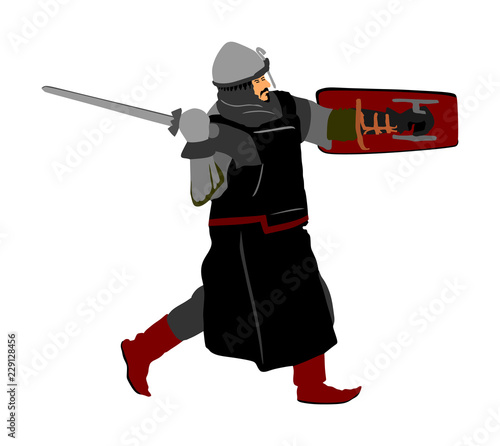 Knight in armor with sword and shield vector illustration isolated. Medieval fighter in battle. Hero keeps castle walls. Armed man defends honor of his family and people. Defend country against enemy.