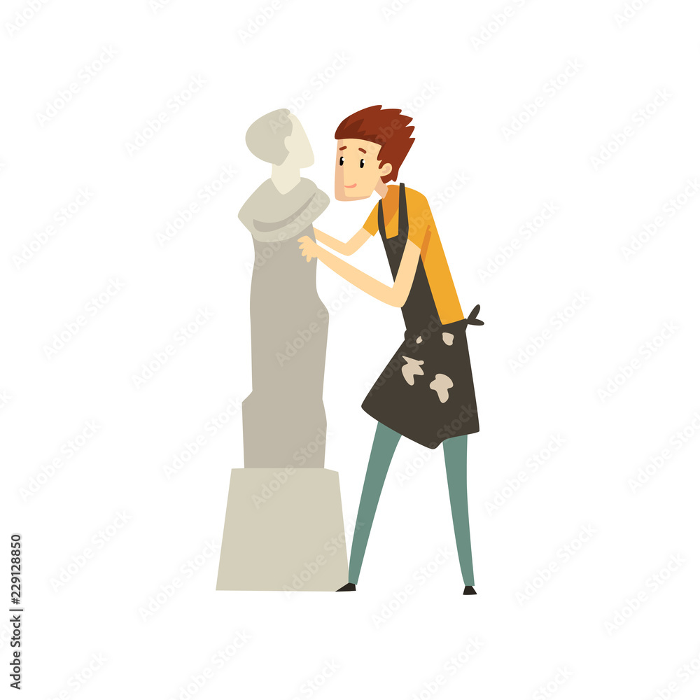 Male sculptor chiselling a marble statue, talented carver character, creative artistic hobby or profession vector Illustration on a white background
