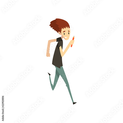 Artist running with pencil, talented young male painter character, creative artistic hobby vector Illustration on a white background