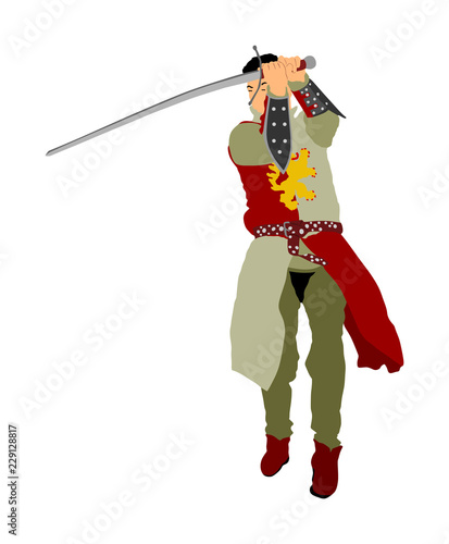 Knight in armor with sword vector illustration isolated on white. Medieval fighter in battle. Hero keeps castle walls. Armed man defends honor of his family and people. Defend country against enemy.