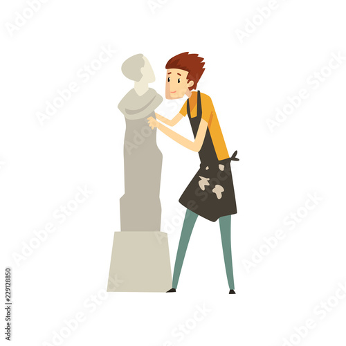 Male sculptor chiselling a marble statue, talented carver character, creative artistic hobby or profession vector Illustration on a white background