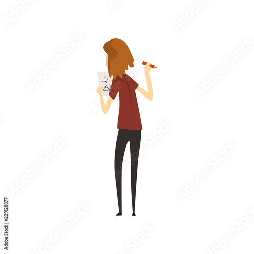 Artist drawing with pencil, talented female painter character, creative artistic hobby, back view vector Illustration on a white background