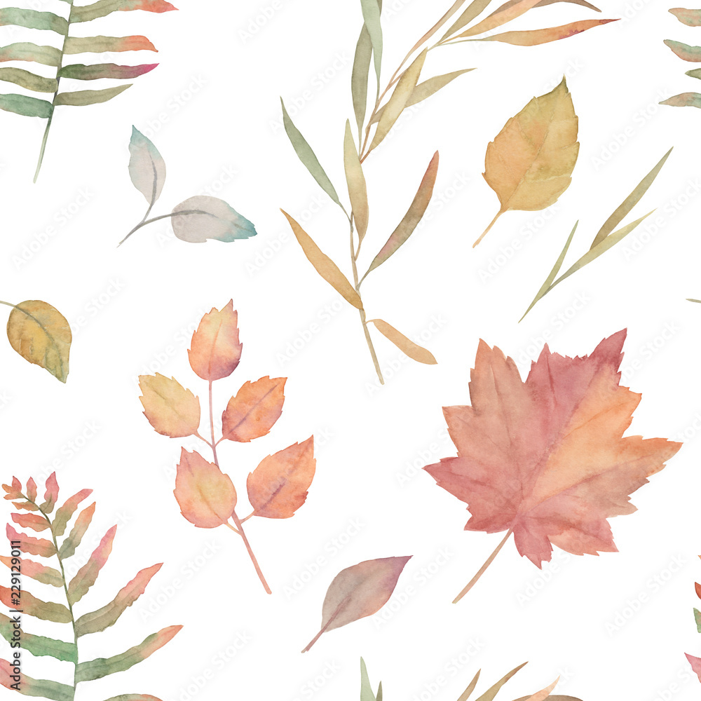 Watercolor seamless pattern for batik, textile, fabric. Floral print. Autumn leaves. Hand drawn illustration
