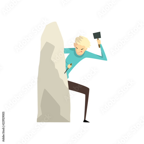 Male sculptor working on his sculpture with chisel and hammer, talented carver character, creative artistic hobby or profession vector Illustration on a white background