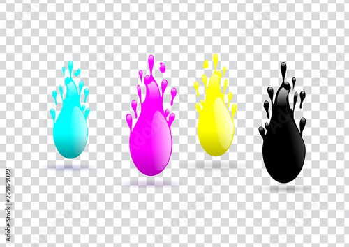 Ink drops of a cmyk printer falling separately