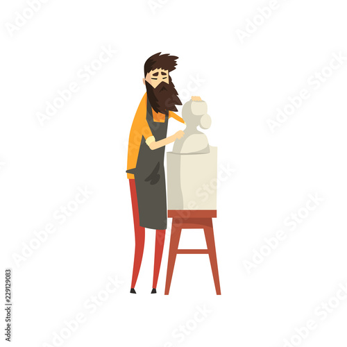 Male bearded sculptor working on his sculpture, talented carver character, creative artistic hobby or profession vector Illustration on a white background