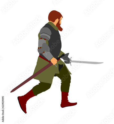 Knight in armor with sword vector illustration isolated on white. Medieval fighter in battle. Hero keeps castle walls. Armed man defends honor of his family and people. Defend country against enemy.