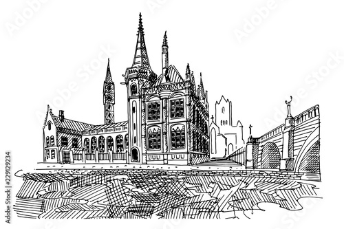 Vector sketch of embankment Graslei and medieval buildings. Former center of the medieval harbor. Ghent, Belgium.