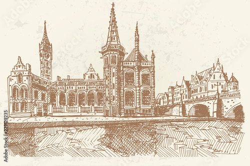Vector sketch of embankment Graslei and medieval buildings. Former center of the medieval harbor. Ghent, Belgium. Retro style.
