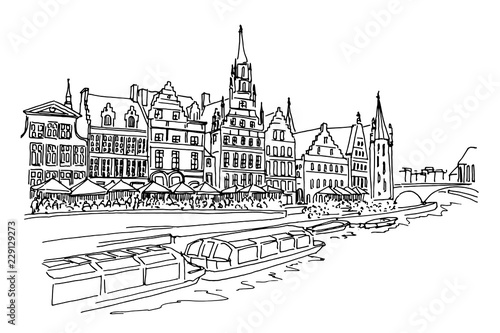 Vector sketch of embankment Graslei and medieval buildings. Former center of the medieval harbor. Ghent, Belgium.