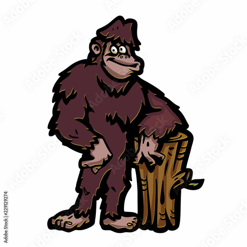  Hand drawn bigfoot leaning on the bar of wood vector illustration