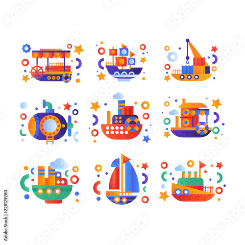 Retro cute water transport set, steamboat, passenger cruise ship, submarine, yacht vector Illustration on a white background