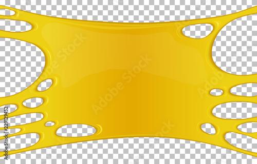 Yellow sticky slime banner with copy space. Frame of golden honey. Popular kids sensory toy vector illustration. Realistic liquid mucus isolated object. Abstract design element with detailed slime.