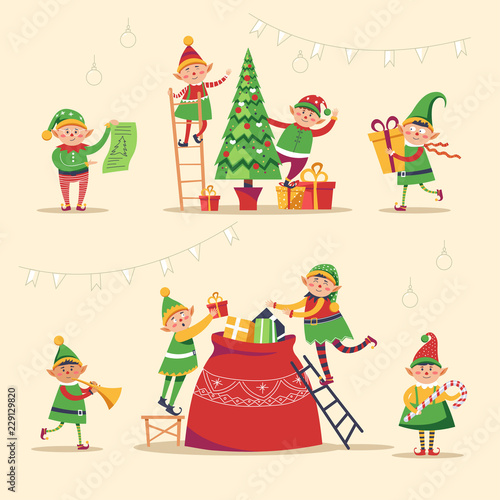 Christmas winter holiday, elves getting ready for holiday