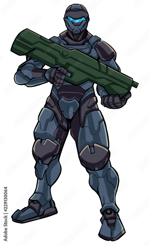 Illustration of futuristic soldier in high-tech exoskeleton armor suit holding big laser gun.