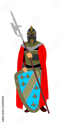 Knight in armor with spear and shield vector illustration isolated. Medieval fighter in battle. Hero keeps castle walls. Armed man with helmet defends country against enemy, honor family and people 
