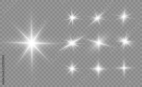 Glow isolated white light effect set, lens flare, explosion, glitter, line, sun flash and stars. Abstract special effect element design. Shine ray with lightning