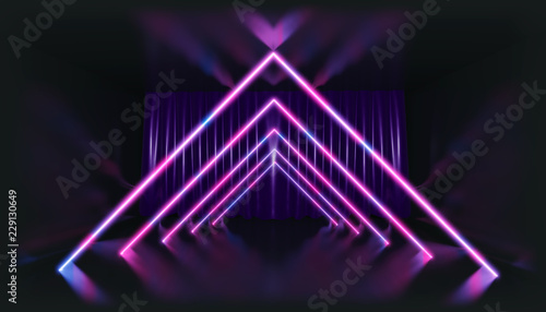 3D Rendering. Geometric figure in neon light against a dark tunnel. Laser glow. photo