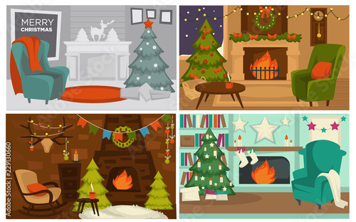 Christmas holidays, decorated interior of houses and rooms