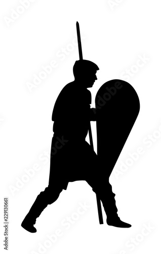 Knight in armor with spear and shield  vector silhouette isolated. Medieval fighter in battle. Hero keeps castle walls. Armed man defends honor of his family and people. Defend country against enemy.
