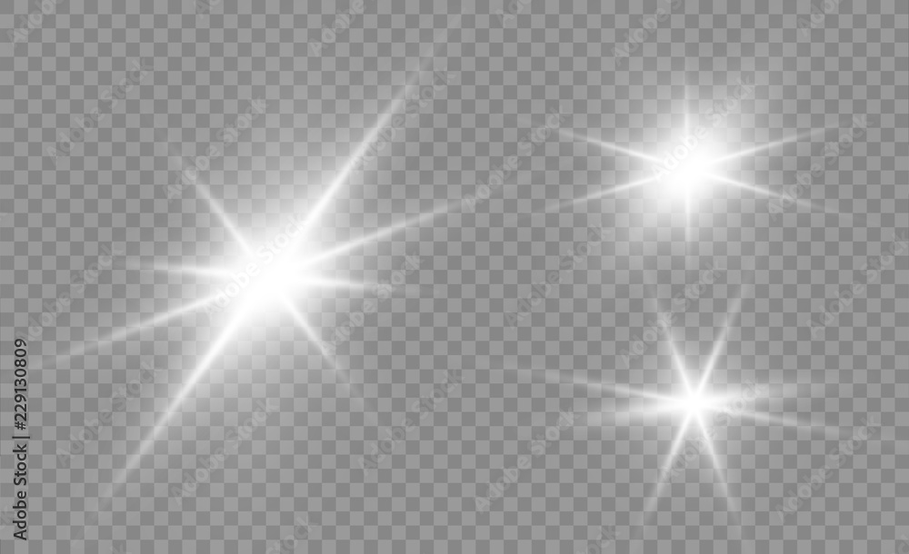 Glow isolated white light effect set, lens flare, explosion, glitter, line, sun flash and stars. Abstract special effect element design. Shine ray with lightning