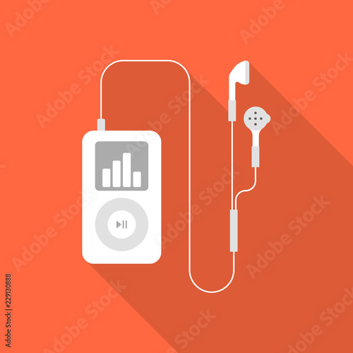 White mp3 player with earphones flat icon isolated on pink background. Simple mp3 player with long shadow in flat style, vector illustration.