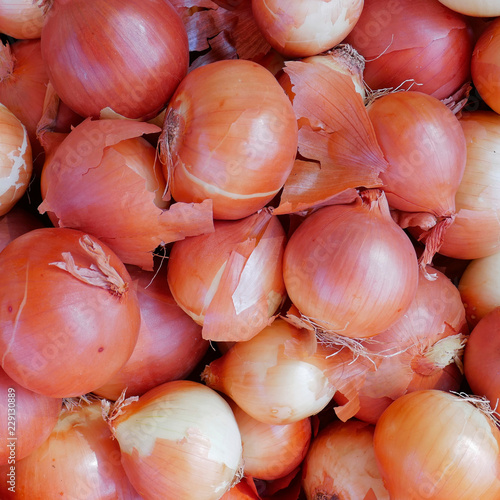 organic brown onions top view, food background