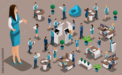 Isometric set 6, bank icons with bank employees, woman bank worker, customer service manager. Financial structure, banking business