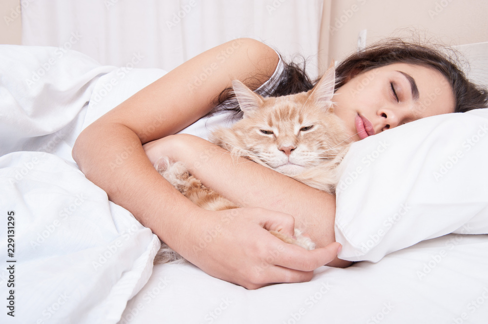 The girl is sleeping in the bed with the cat maine coon The girl is sleeping in the bed with the cat maine coon