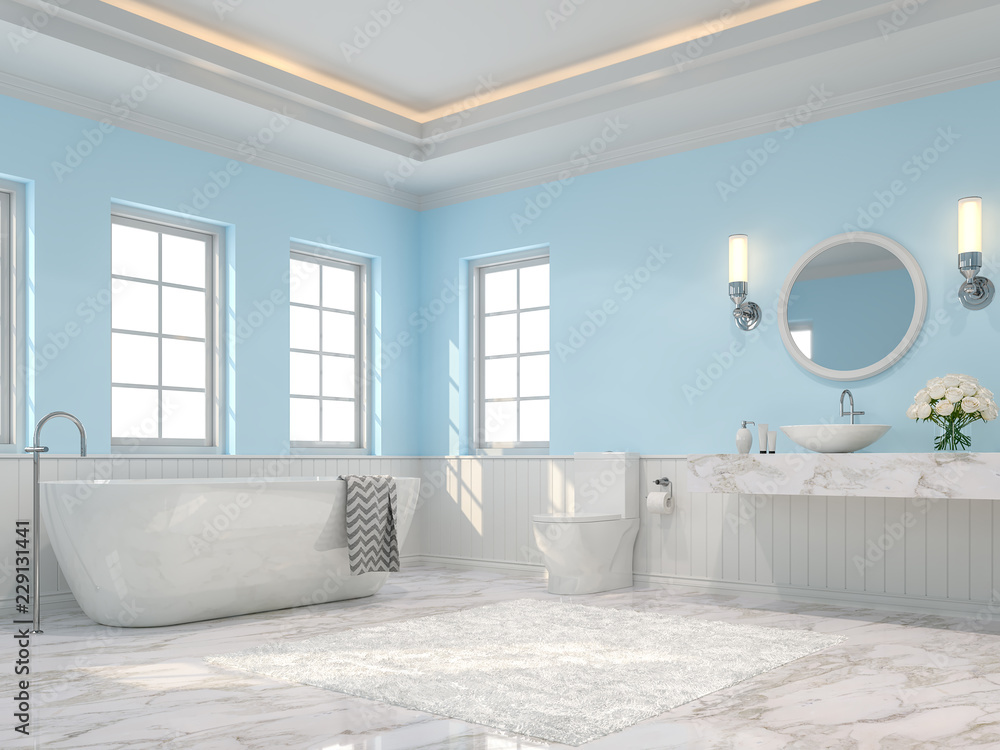 Luxury bathroom 3d render,There are white marble floor, light blue wall