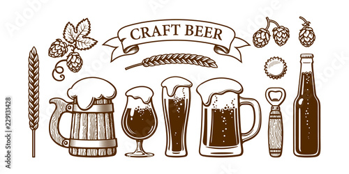Vintage beer set. Old wooden mug, glasses, opener, barley, wheat, hop, bottle cap. Brewery, beer festival, bar, pub design. Hand drawn vector illustration isolated on white backgraund.