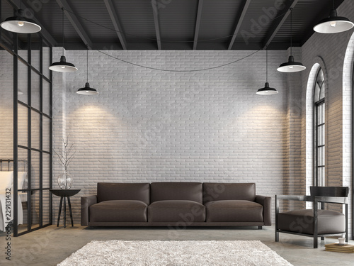Loft living room and bedroom 3d render,There are white brick wall,polished concrete floor.Furnished with dark brown leather sofa ,There are arch shape windows sunlight shining into the room.