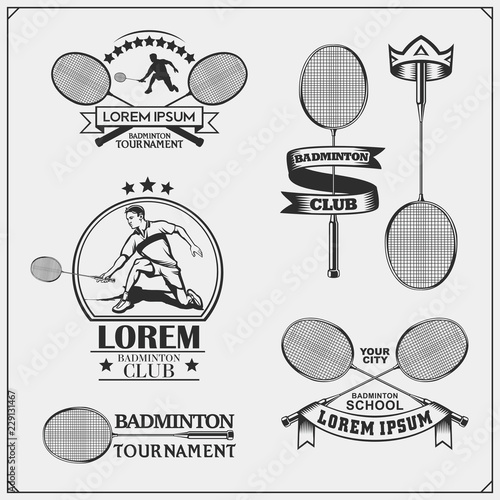 Badminton emblems, symbols, labels, design elements and silhouette of player. Black and white.