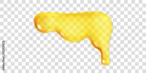 Melted honey or oil transparent drop. Vector design of isolated leaking syrup dripping. Realistic illustration of yellow liquid flowing down
