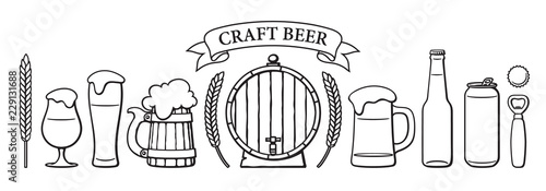 Beer objects set. Beer glasses of different shape, mugs, old wooden barrel, bottle, can, opener, cap, barley, wheat, ribbon banner. Black and white isolated vector illustration.