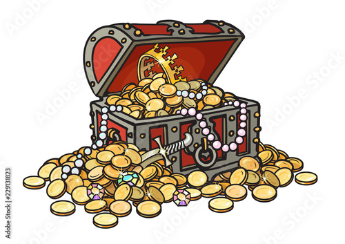 Old wooden chest full of golden coins and jewelry. Pirate treasure, diamonds, pearls, crown, dagger. Hand drawn cartoon vector illustration isolated on white background.
