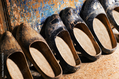  wooden sabots zuecos clogs styled in old house