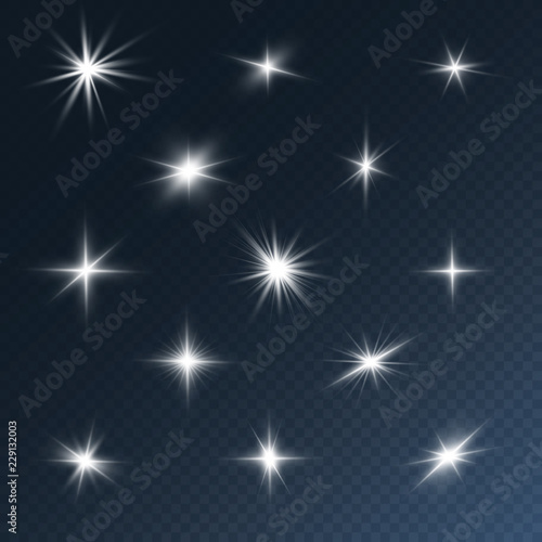 Glow isolated white light effect set, lens flare, explosion, glitter, line, sun flash and stars. Abstract special effect element design. Shine ray with lightning