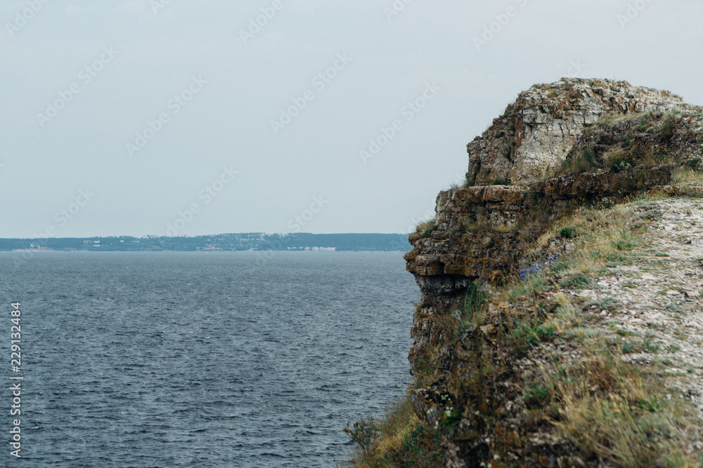 landscape river cliff grass on the sky background landscape river cliff grass on the sky background