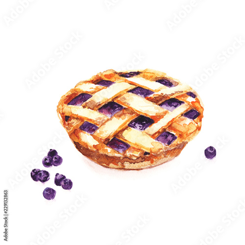 atercolour hand painted illustration of delicious blueberry pie with berries. Use as a magazine article illustration, menu decoration, cover and card design, Sweet baked tasty cake. Bakery decor.