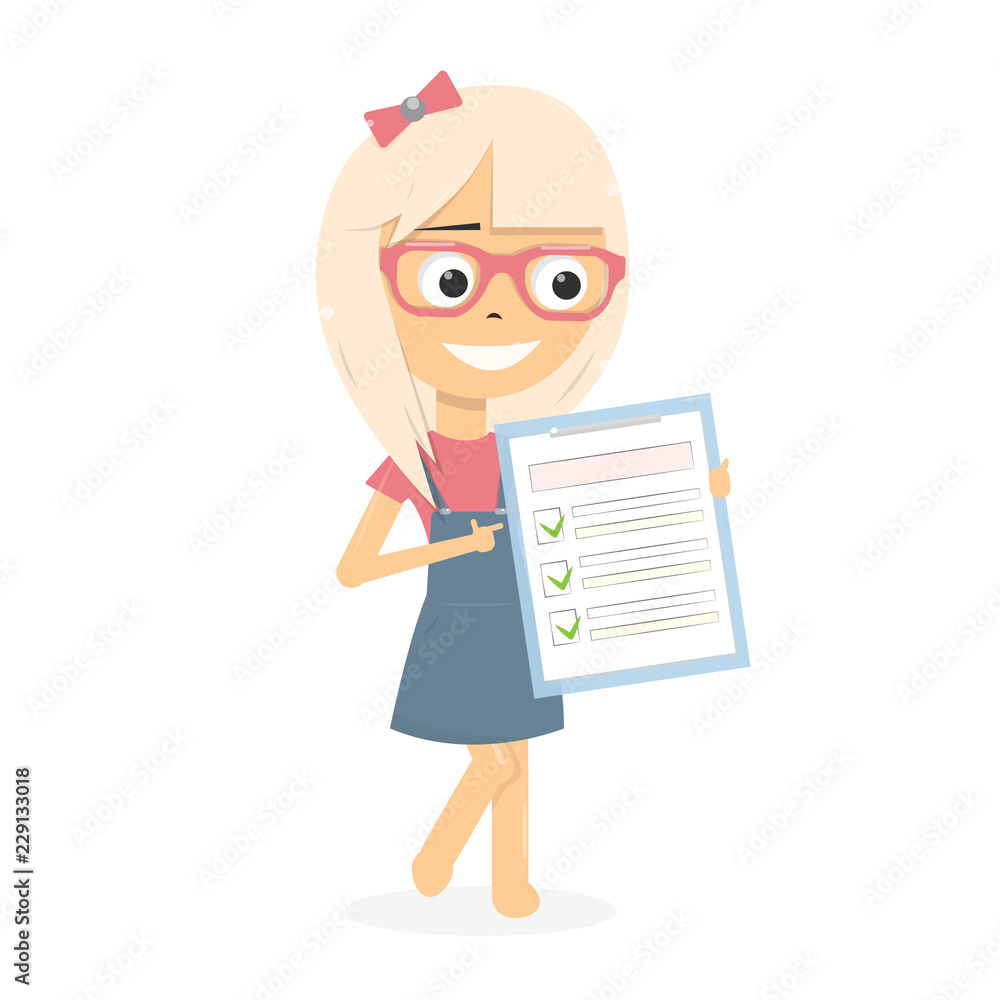 Claim form. Girl shows a document checklist. Claim form. Girl shows a document checklist.