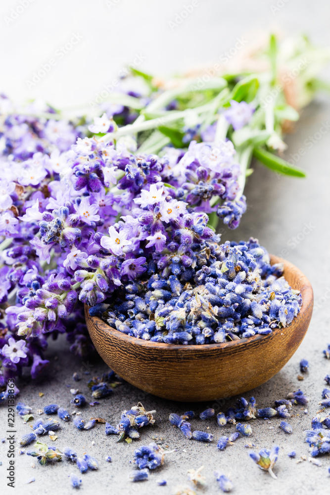 Lavender flowers, bouquet on rustic background, overhead. Lavender flowers, bouquet on rustic background, overhead.