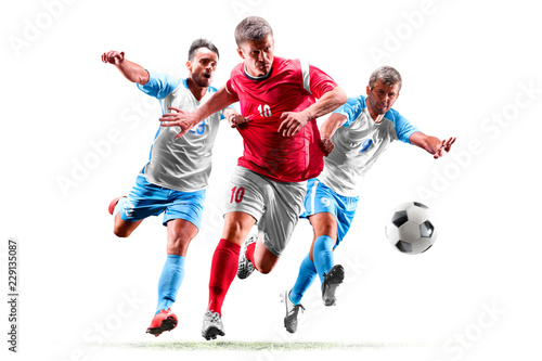 caucasian soccer players isolated on white background