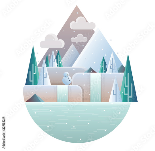 Flat nature illustration, with geometric elements, triangle pine tree, frozen lake, snowman, river in snowfall. Minimal flat style for modern design, with winter colors for Christmas or winter